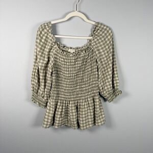 Max Studio Green Gingham Smocked Peplum Top XL Square Neck 3/4 Puff Sleeve